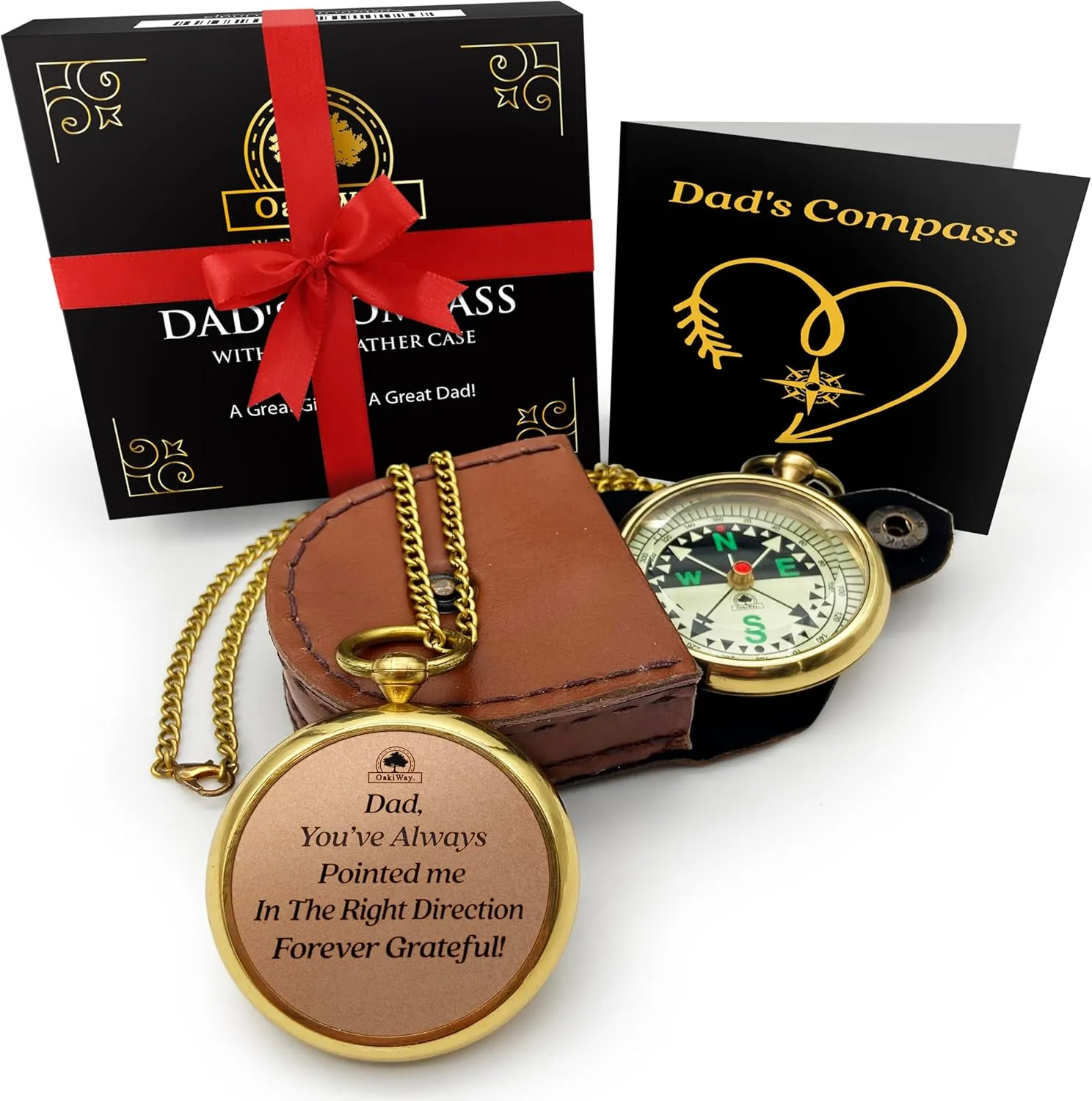 Pocket Watch Compass with Chain & Leather Case - Birthday Gifts for Dad from Daughter Or Son, Christmas Daddy Gift Ideas