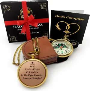 Pocket Watch Compass with Chain & Leather Case - Birthday Gifts for Dad from Daughter Or Son, Christmas Daddy Gift Ideas