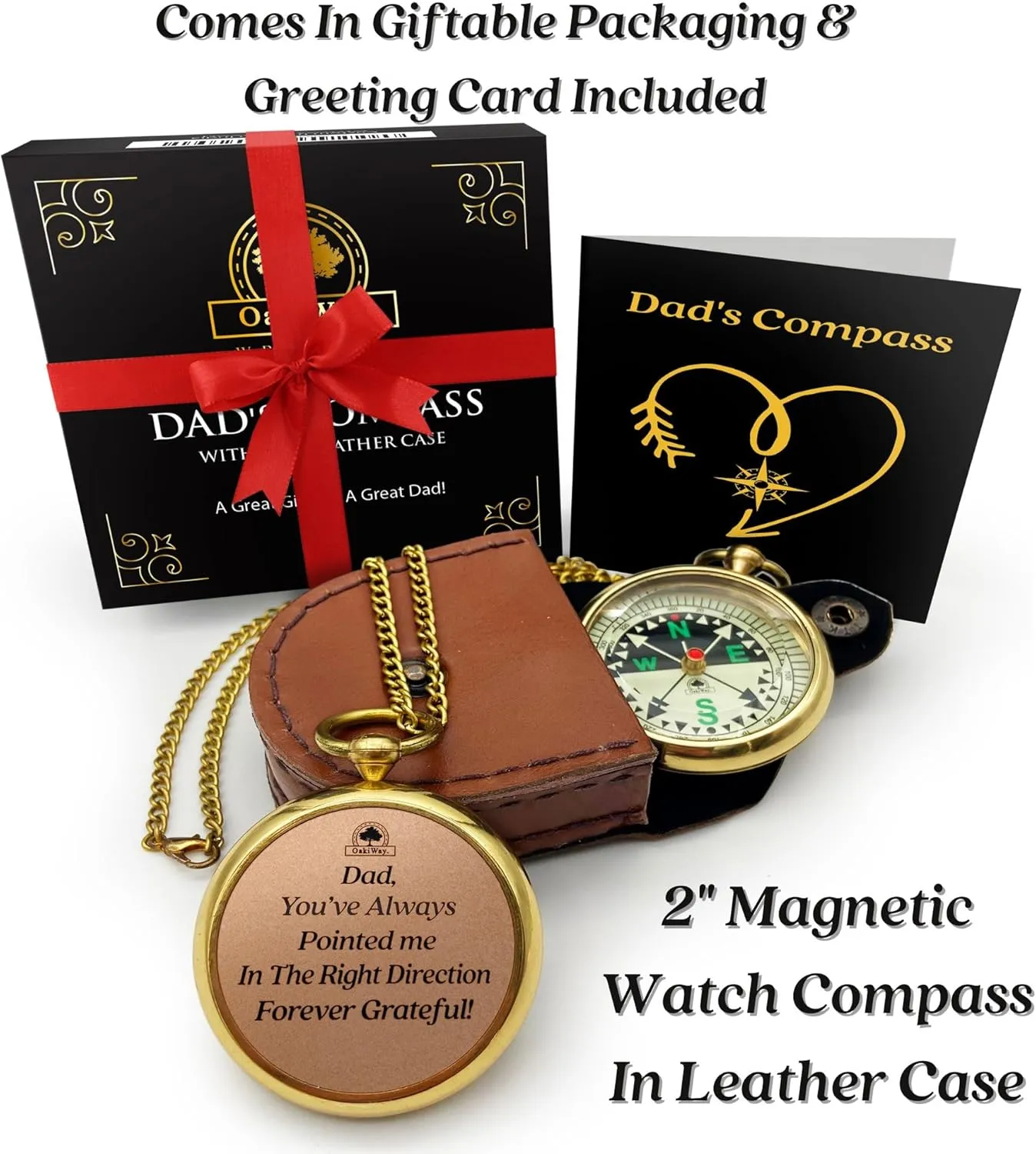 Pocket Watch Compass with Chain & Leather Case - Birthday Gifts for Dad from Daughter Or Son, Christmas Daddy Gift Ideas