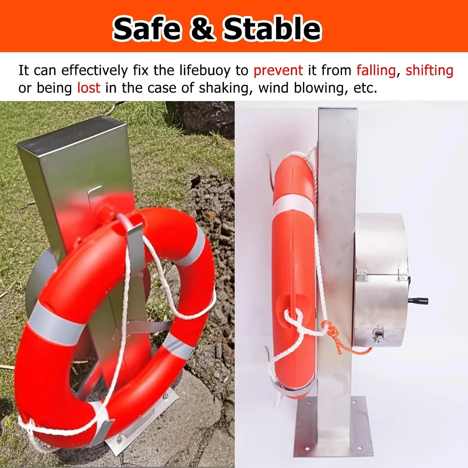 Pool Lifebuoy Fixed Storage Bracket, Stainless Steel Lifebuoy Rack Weatherproof & UV-Resistant & Rust-Proof, 40in High Life Buoy Hanger with 15.7in Rope Storage Disc(2 Pieces)