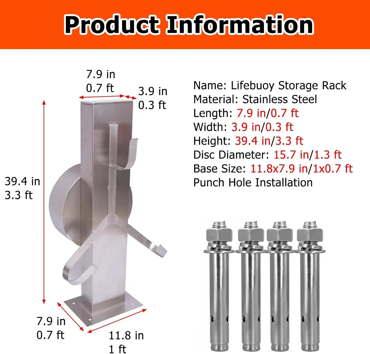 Pool Lifebuoy Fixed Storage Bracket, Stainless Steel Lifebuoy Rack Weatherproof & UV-Resistant & Rust-Proof, 40in High Life Buoy Hanger with 15.7in Rope Storage Disc(2 Pieces)