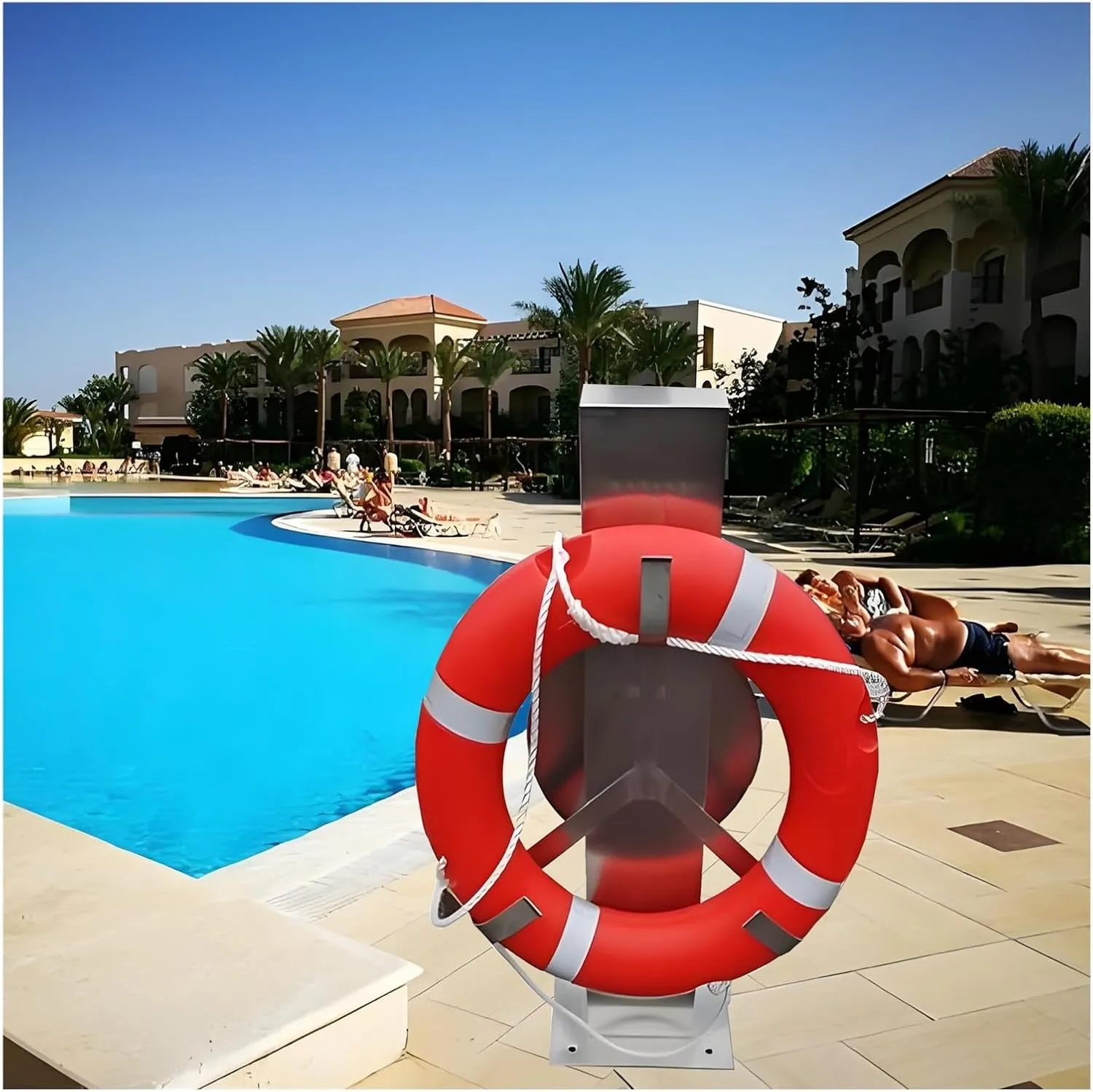 Pool Lifebuoy Fixed Storage Bracket, Stainless Steel Lifebuoy Rack Weatherproof & UV-Resistant & Rust-Proof, 40in High Life Buoy Hanger with 15.7in Rope Storage Disc(2 Pieces)