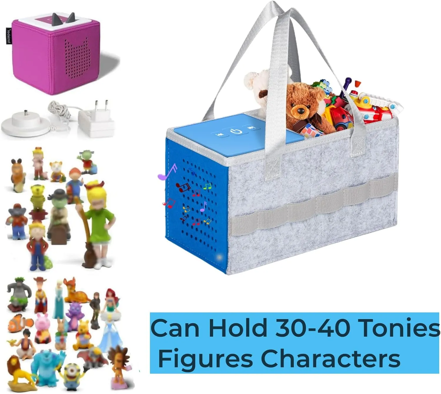 Portable Carrying Case for Toniebox Starter Set, Headphones and Charging Station, Can Hold 30-40 Tonies Figures Characters, Travel Storage Bag with Handle for Toniebox Accessories