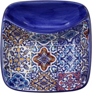 Portuguese Azulejo Ceramic Olive Dish with Pit Holder – Colorful Tile Pattern – Handcrafted in Portugal – Durable Ceramic Snack Bowl for Olives, Dips, Sauces, or Nuts (Blue)
