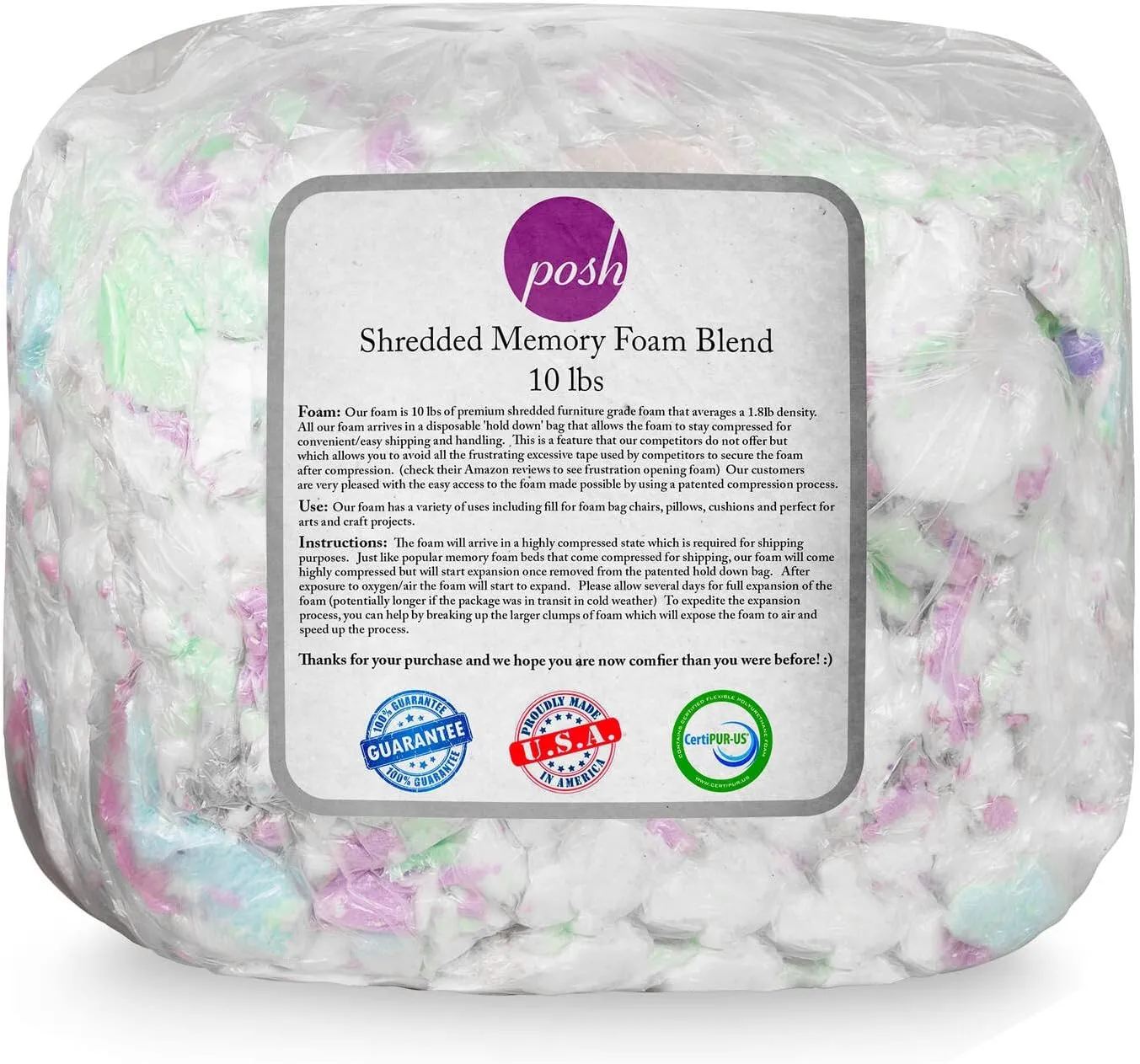 Posh Beanbags Refll Foam Filling, Shredded 10lbs, Multi-Color