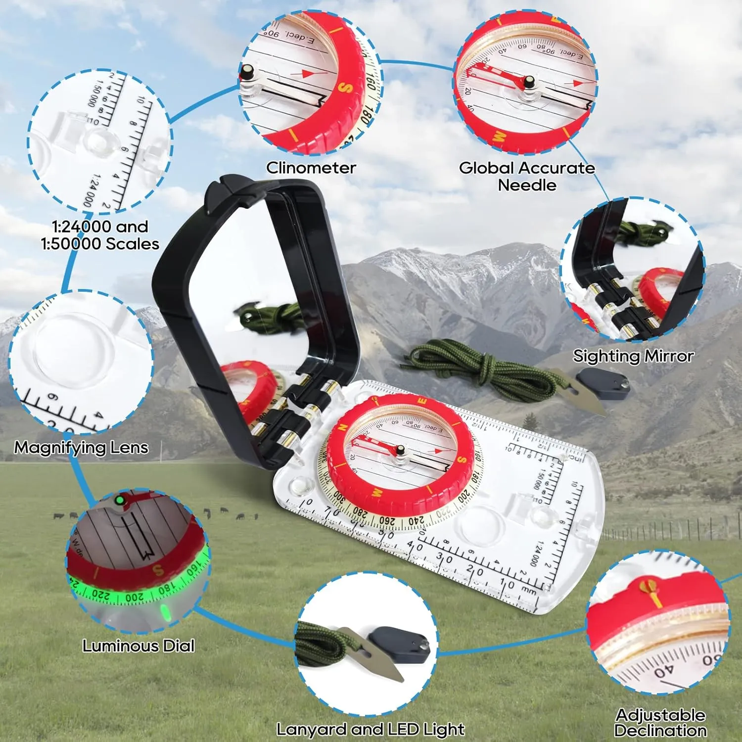 Posinly Advanced Orienteering Compass - Survival Whistle, Map Reading Field Compass for Camping, Hiking & Navigation, Great for Kids
