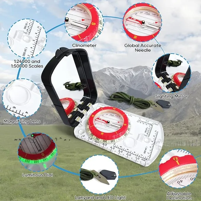 Posinly Orienteering Compass with Survival Whistle - Advanced Boy Scout Compass for Camping, Hiking and Navigation, Professional Field Compass for Map Reading, Compass for Kids