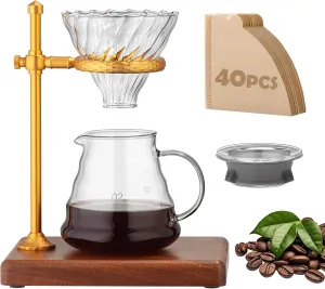 Pour Over Coffee Maker Set – Glass V60 Coffee Dripper with Stainless Steel Stand, Wooden Base & 40 Filters – Travel Filter Coffee Maker
