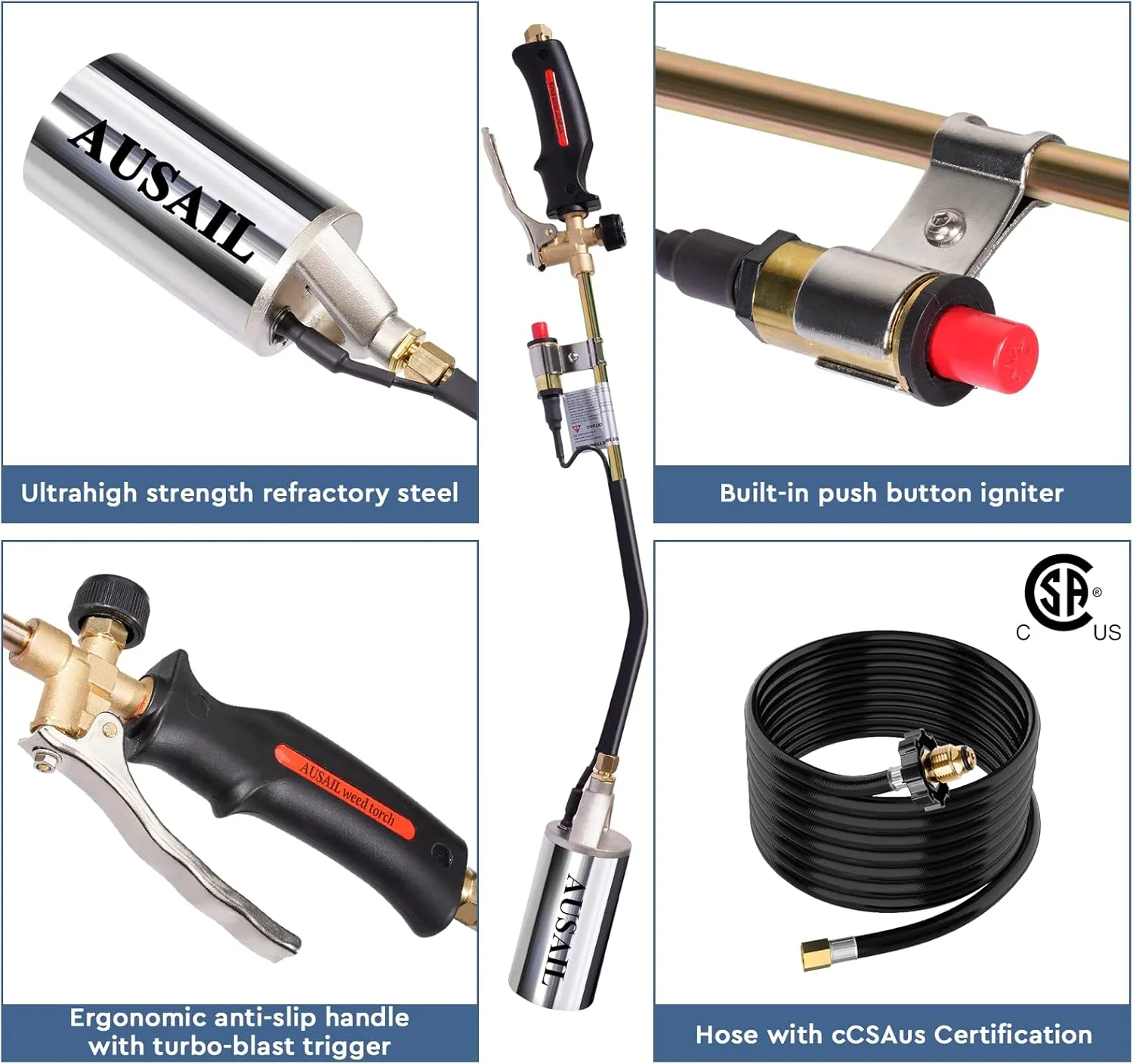 Propane Torch Weed Burner,Blow Torch,Heavy Duty,High Output 1,800,000 BTU,Flamethrower with Turbo Trigger Push Button Igniter and 10 FT Hose for Roof Asphalt,Ice Snow,Road Marking,Charcoal