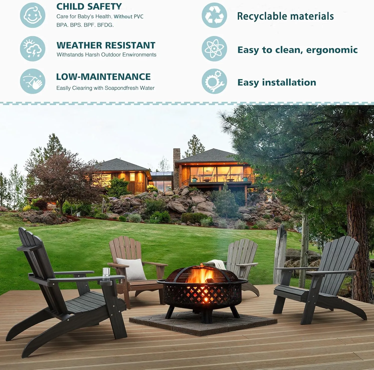 Psilvam Oversized Adirondack Chair, Fade-Resistant & Odor-Free Poly Lumber Fire Pit Chairs with Cup Holder, Weatherproof Lawn Chair, Easy 15 Min Install Patio Chair, 350 Lbs Support (1, Light Gray)