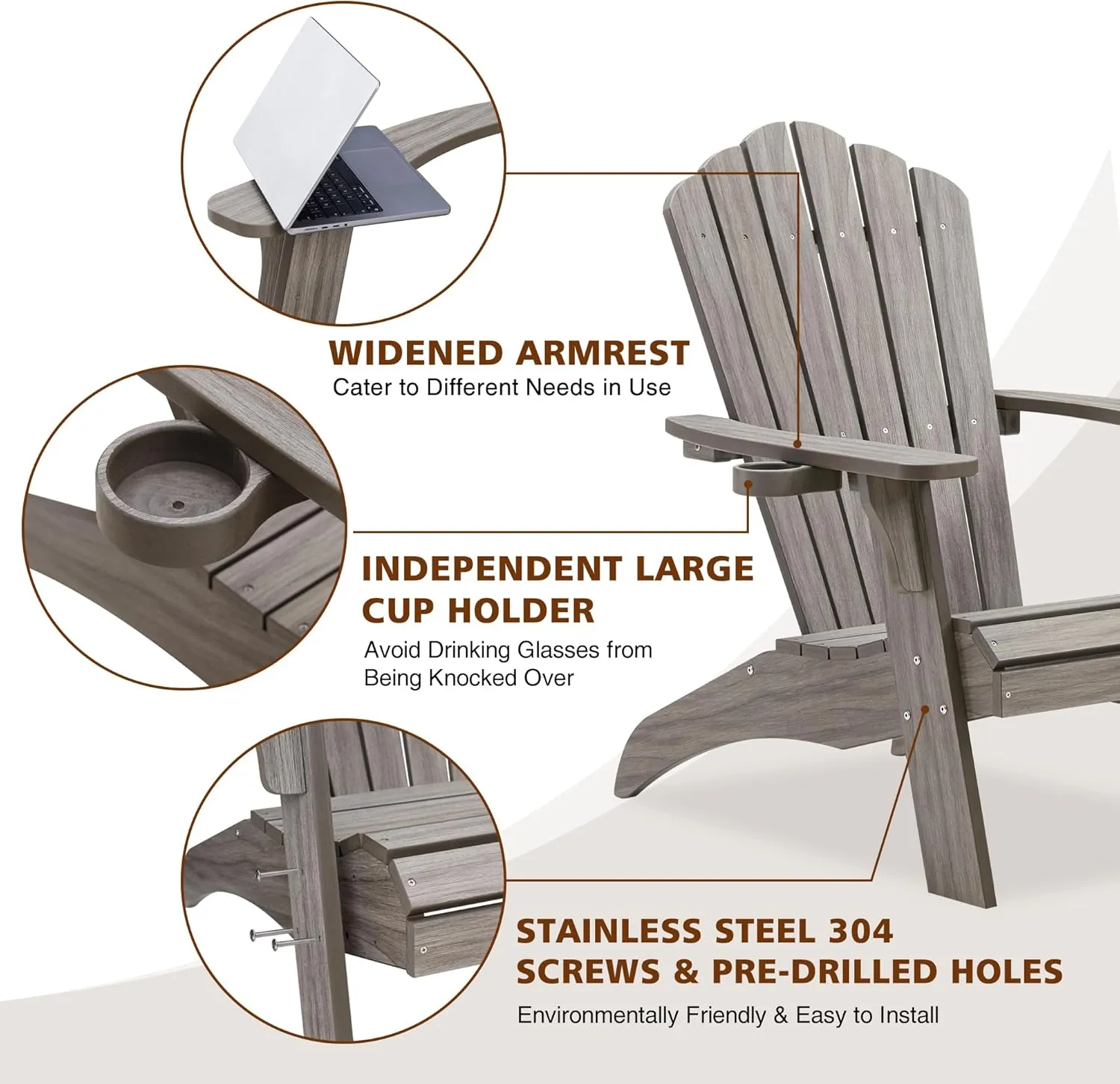 Psilvam Oversized Adirondack Chair, Fade-Resistant & Odor-Free Poly Lumber Fire Pit Chairs with Cup Holder, Weatherproof Lawn Chair, Easy 15 Min Install Patio Chair, 350 Lbs Support (1, Light Gray)