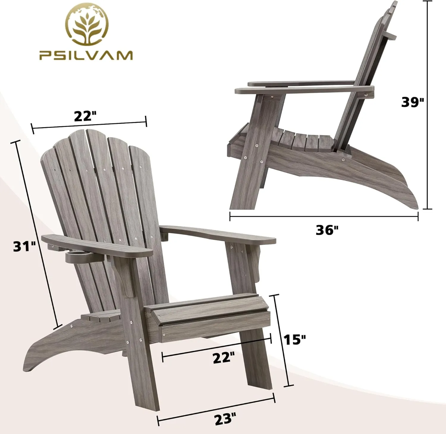 Psilvam Oversized Adirondack Chair, Fade-Resistant & Odor-Free Poly Lumber Fire Pit Chairs with Cup Holder, Weatherproof Lawn Chair, Easy 15 Min Install Patio Chair, 350 Lbs Support (1, Light Gray)
