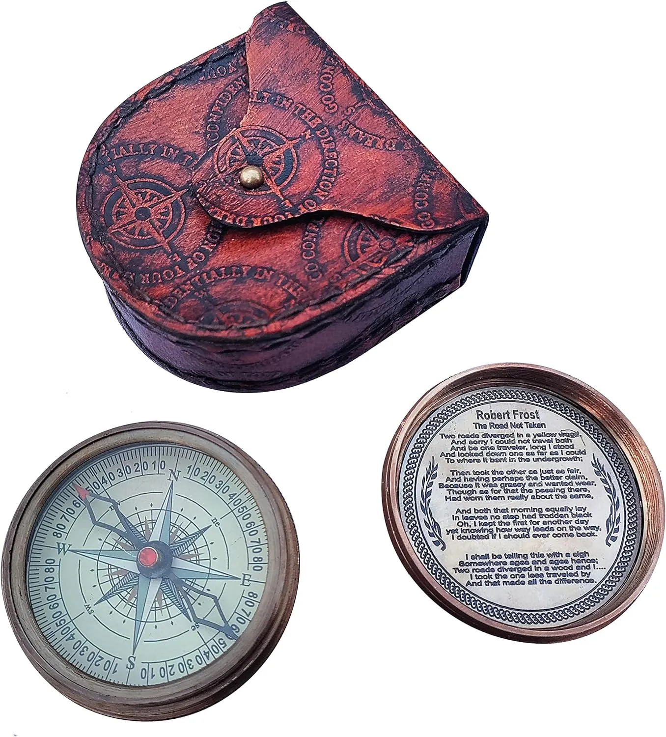 QADEEM Antiqued Brass Robert Frost Poem Compass with Leather Case, The Road Not Taken Engraved Compass - Nautical Pocket Compass for Camping, Hiking, Travelling – Anniversary, Christmas, Wedding Gift