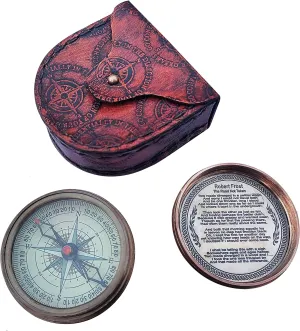 QADEEM Antiqued Brass Robert Frost Poem Compass with Leather Case, The Road Not Taken Engraved Compass - Nautical Pocket Compass for Camping, Hiking, Travelling – Anniversary, Christmas, Wedding Gift