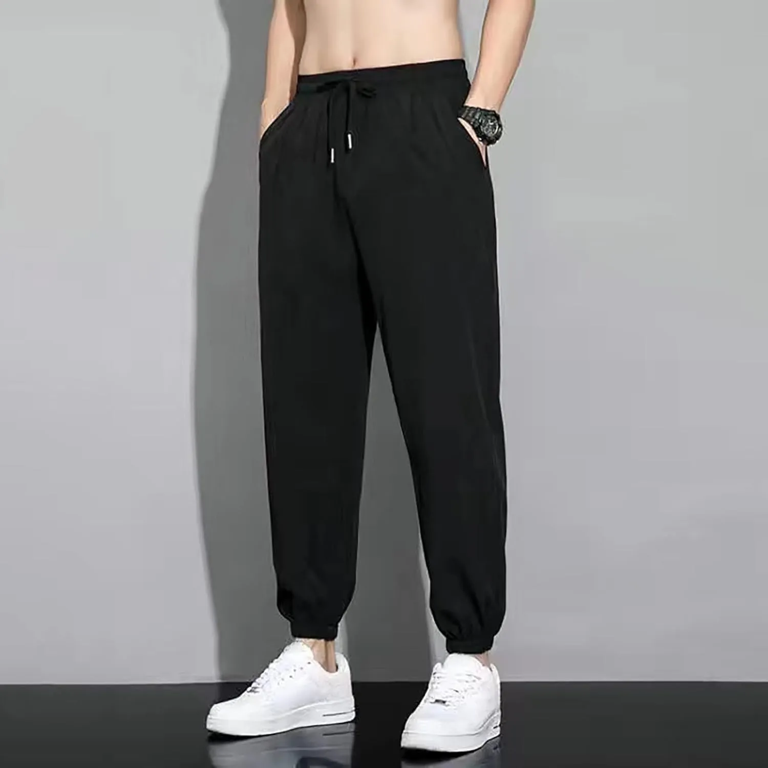 Quick Dry Sweatpants Men Big and Tall Ice Silk Hiking Pants Lightweight Breathable Stretch Drawstring Trousers