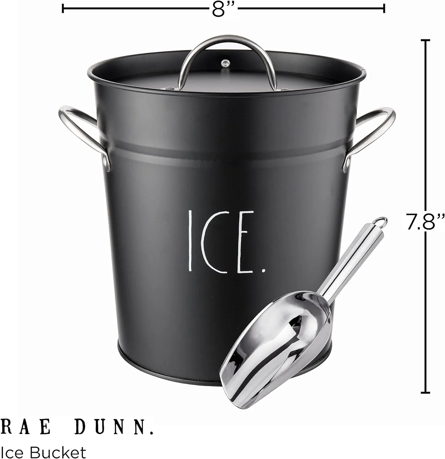 Rae Dunn Ice Bucket with Scoop - Stainless Steel Bucket with Handle, Lid and Ice Scooper - 4 Qt. Storage Bin for Ice Cubes for Bars, Parties, Backyard Barbeques, Picnics, and Camping (Black)