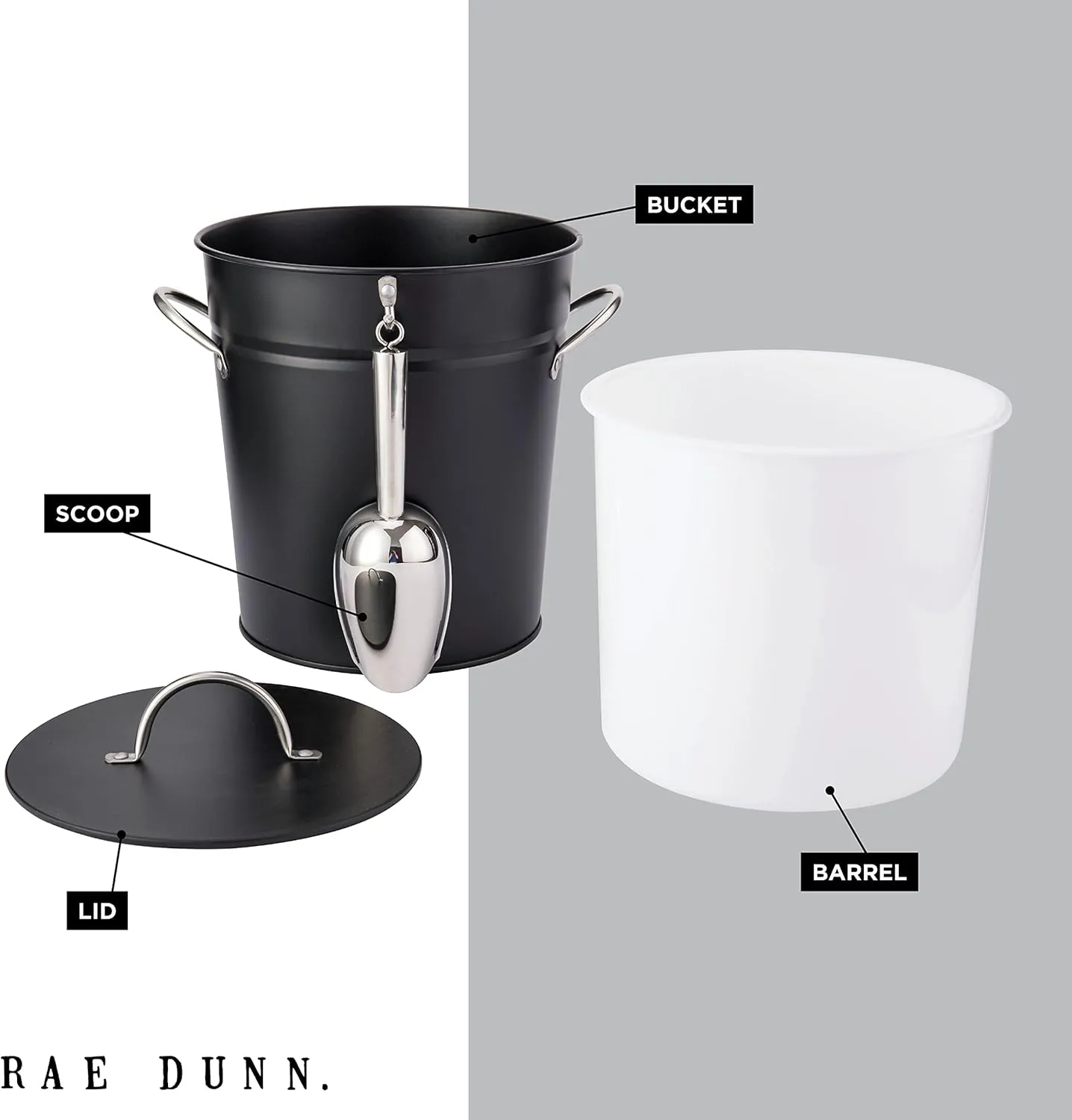 Rae Dunn Ice Bucket with Scoop - Stainless Steel Bucket with Handle, Lid and Ice Scooper - 4 Qt. Storage Bin for Ice Cubes for Bars, Parties, Backyard Barbeques, Picnics, and Camping (Black)