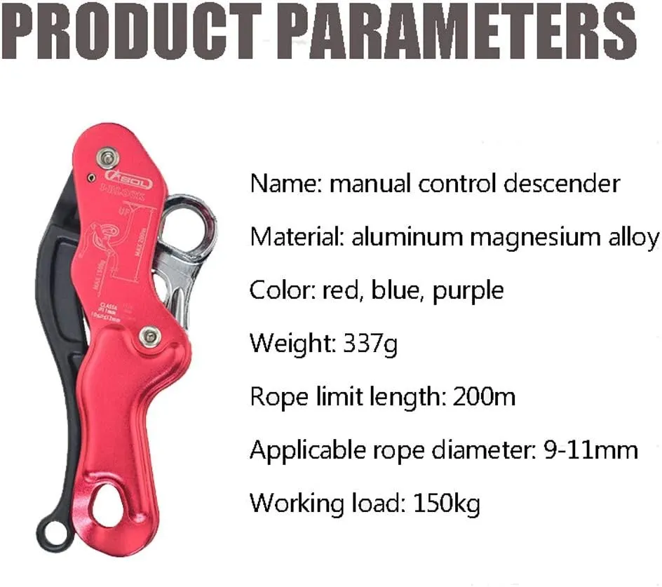 Rappelling Device Descender Rope Rescue Equipment Hand Controls Designed Stop Descender Belay Device Fall Protection, Aluminum-Magnesium Alloy, for 9-11mm RopeRed-1pcs