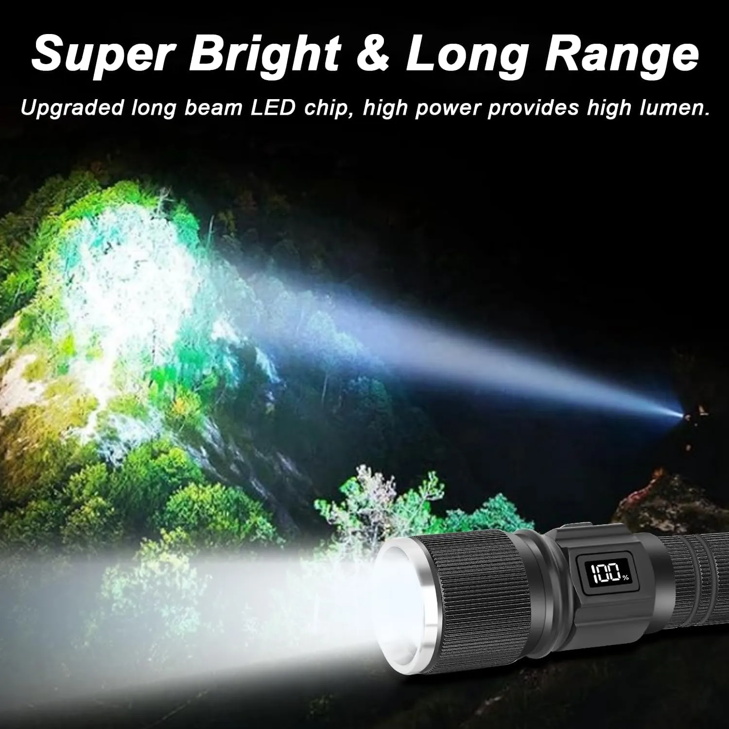 Rechargeable Flashlight with LCD Display, Super Bright Small Pocket Flashlight, 3 Modes LED Tactical Flash Light, Zoomable Waterproof for Camping and Home(1Pack, Black CW)