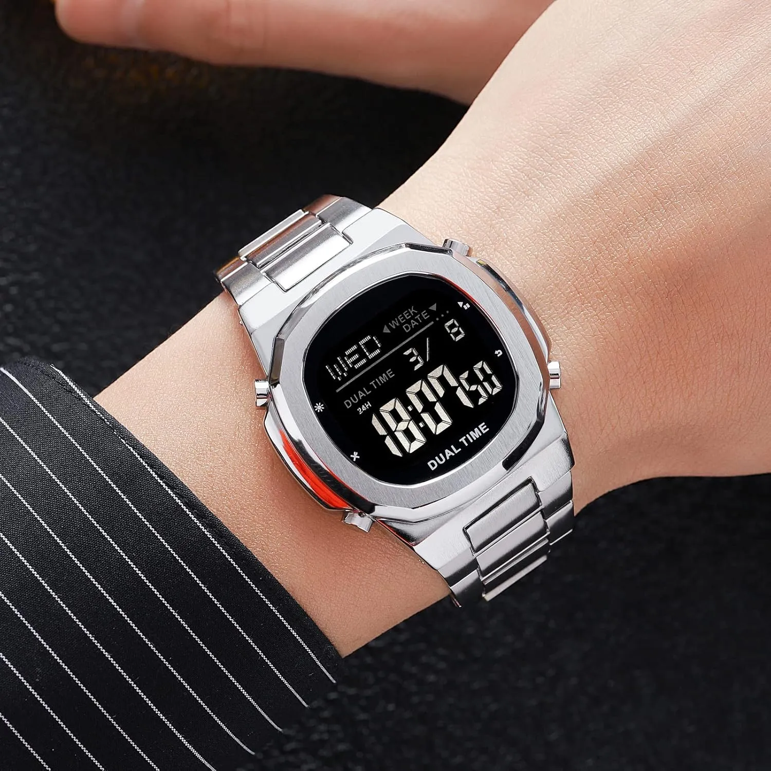 Reginald Men's Multifunctional Electronic Watch Outdoor Sports Watch LED Large Digital Display Timing Stainless Steel Watch