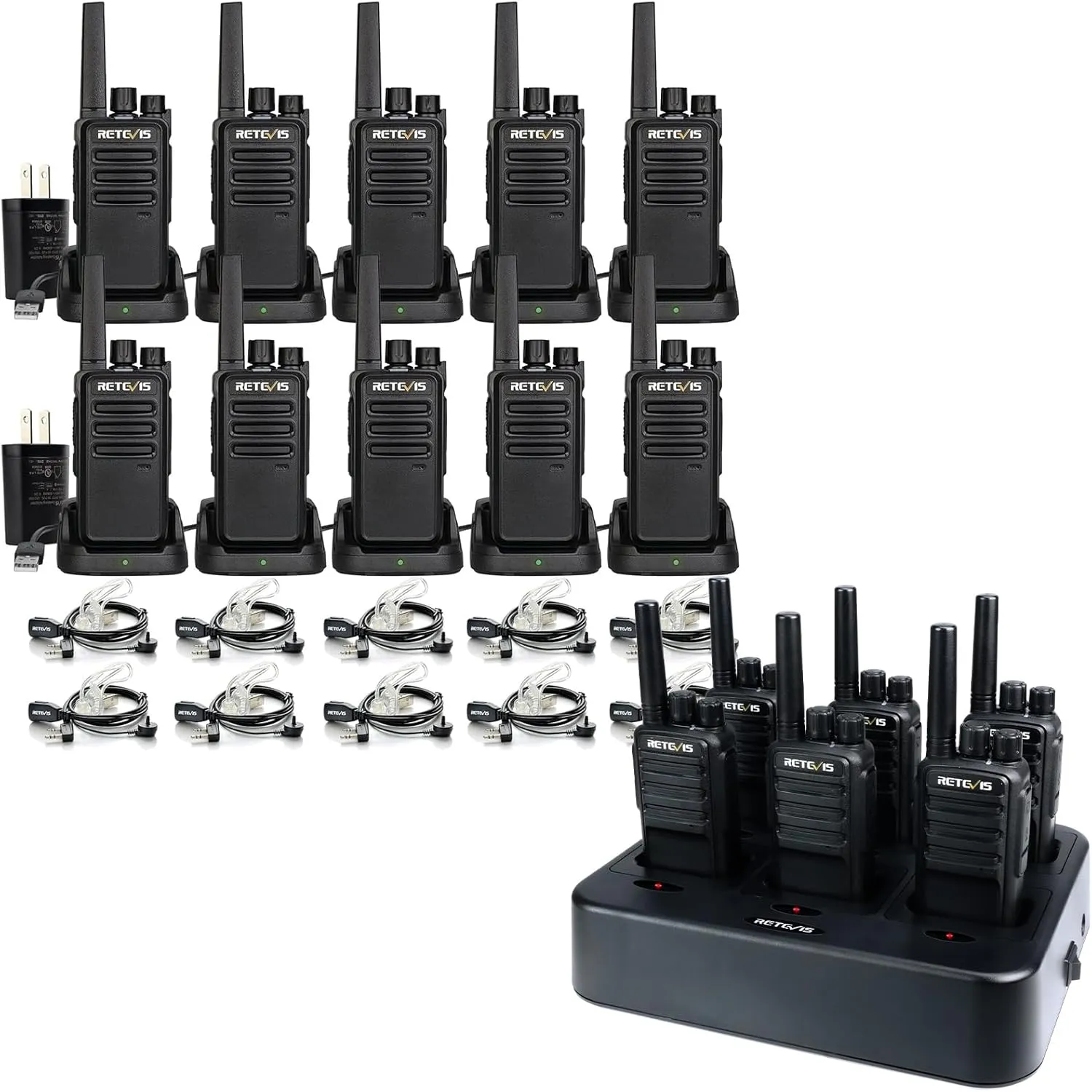 Retevis RT68 Two Way Radio with Earpiece 10 Pack and NR10 Walkie Talkies 6 Pack,with 6 Way Gang Charger,Compact, Rugged, Heavy Duty 2 Way Radios Rechargeable for School Workshop Restaurant Business