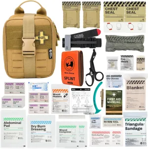 RHINO RESCUE IFAK Trauma Kit with C-A-T Tourniquet, Tactical First Aid Kit Molle Pouch for Military, Combat, Car, Camping, Hiking, Travel， FSA HSA Eligible (Coyote Brown)