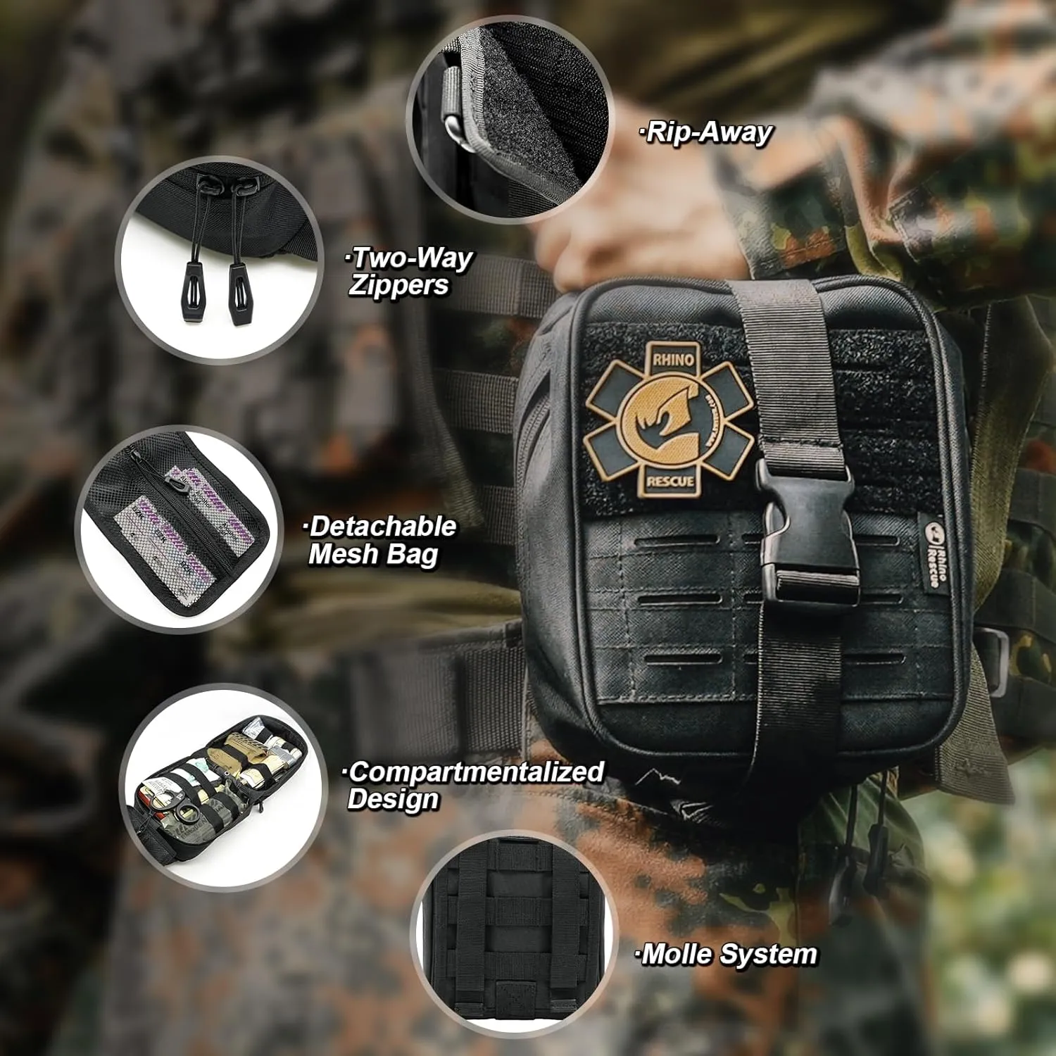 RHINO RESCUE IFAK Trauma Kit with C-A-T Tourniquet, Tactical First Aid Kit Molle Pouch for Military, Combat, Car, Camping, Hiking, Travel， FSA HSA Eligible (Coyote Brown)
