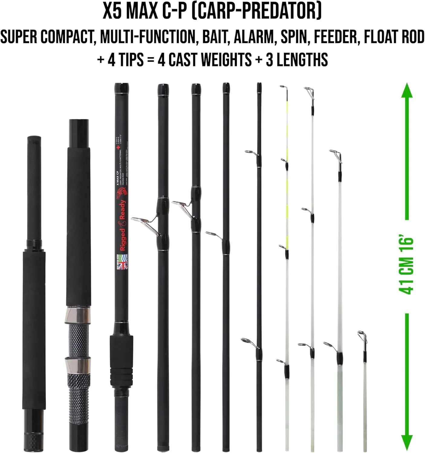 Rigged & Ready X Series Travel Fishing Rods. 6 Super Compact, Multi-Functional, Portable, Spin, Bass, Carp, Lure, Float, Fly Combos   Poles. 4 or 6 Tips & 5 to 25 Techniques Freshwater & Saltwater