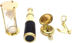 RKS Collections Vintage Collection of Brass Telescope   1 Minute Brass Hourglass   Magnetic Compass   Brass Anchor Keychain