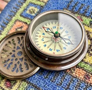 Robert Frost Nautical Antique Brass Magnetic Compass - Laser Cut Design with Vintage Charm