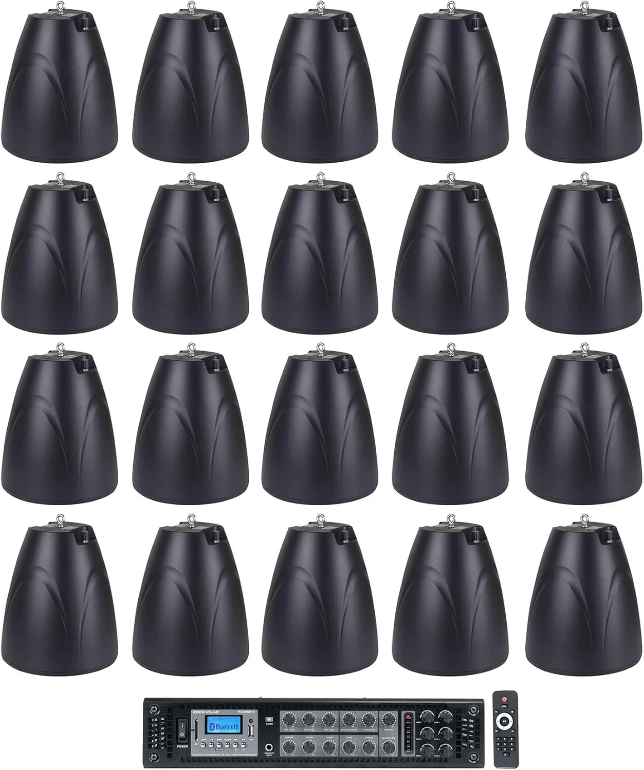 Rockville Bundle: (1) RCS650-6 650 Watt 6 Zone 70v Commercial/Restaurant Amplifier/Bluetooth (20) PEN-65T Black 6.5" 70V Hanging Pendant Speaker Commercial/Restaurant (21 Item)