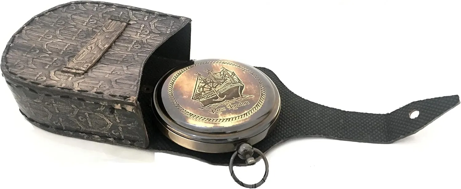 Ross London Antiqued Brass Working Compass Nautical Pocket Compass Handmade Open Push Button Compass with Leather Case Gift for Christmas / Birthday / Anniversary