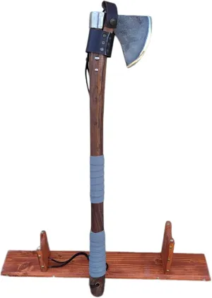 Rustic Cast Iron Hand Forged Viking Two Handed Bearded Axe Carbon Steel Head Wood Handle and Display Stand