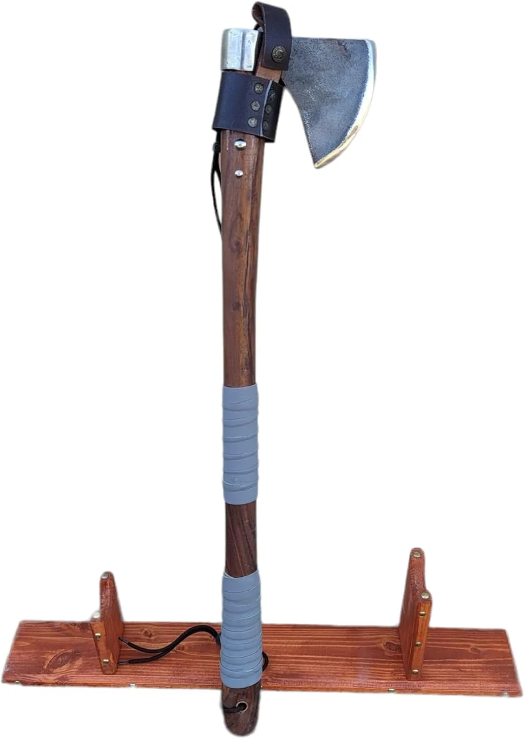 Rustic Cast Iron Hand Forged Viking Two Handed Bearded Axe Carbon Steel Head Wood Handle and Display Stand