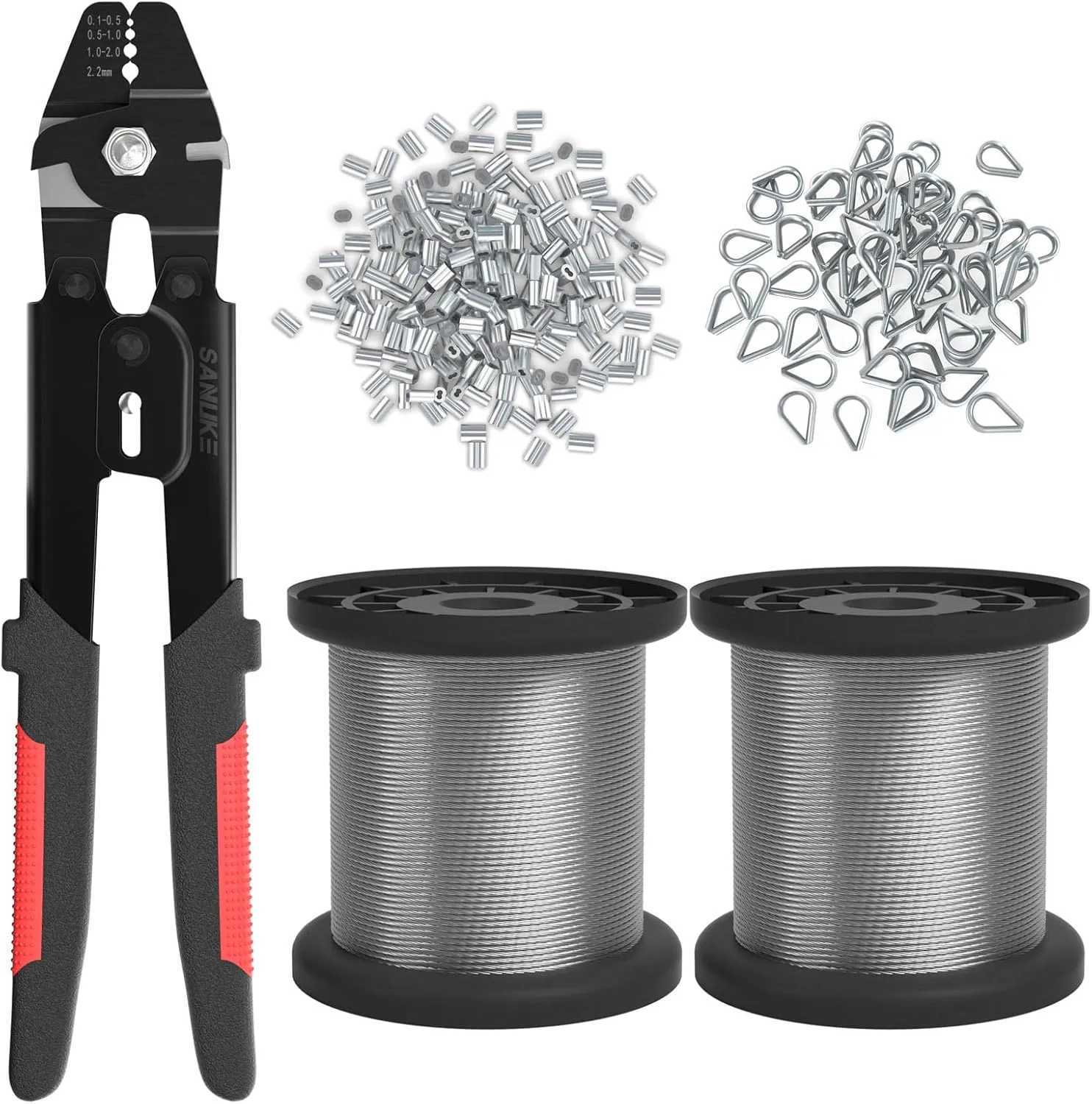 Sanuke Wire Rope Crimp Kit with 656ft 1/16 304 Stainless Steel Cable 7x7 Strand Core, 400PCS 1/16'' Aluminum Crimp Loop Sleeves and 100PCS M2 Wire Rope Stainless Steel Thimble