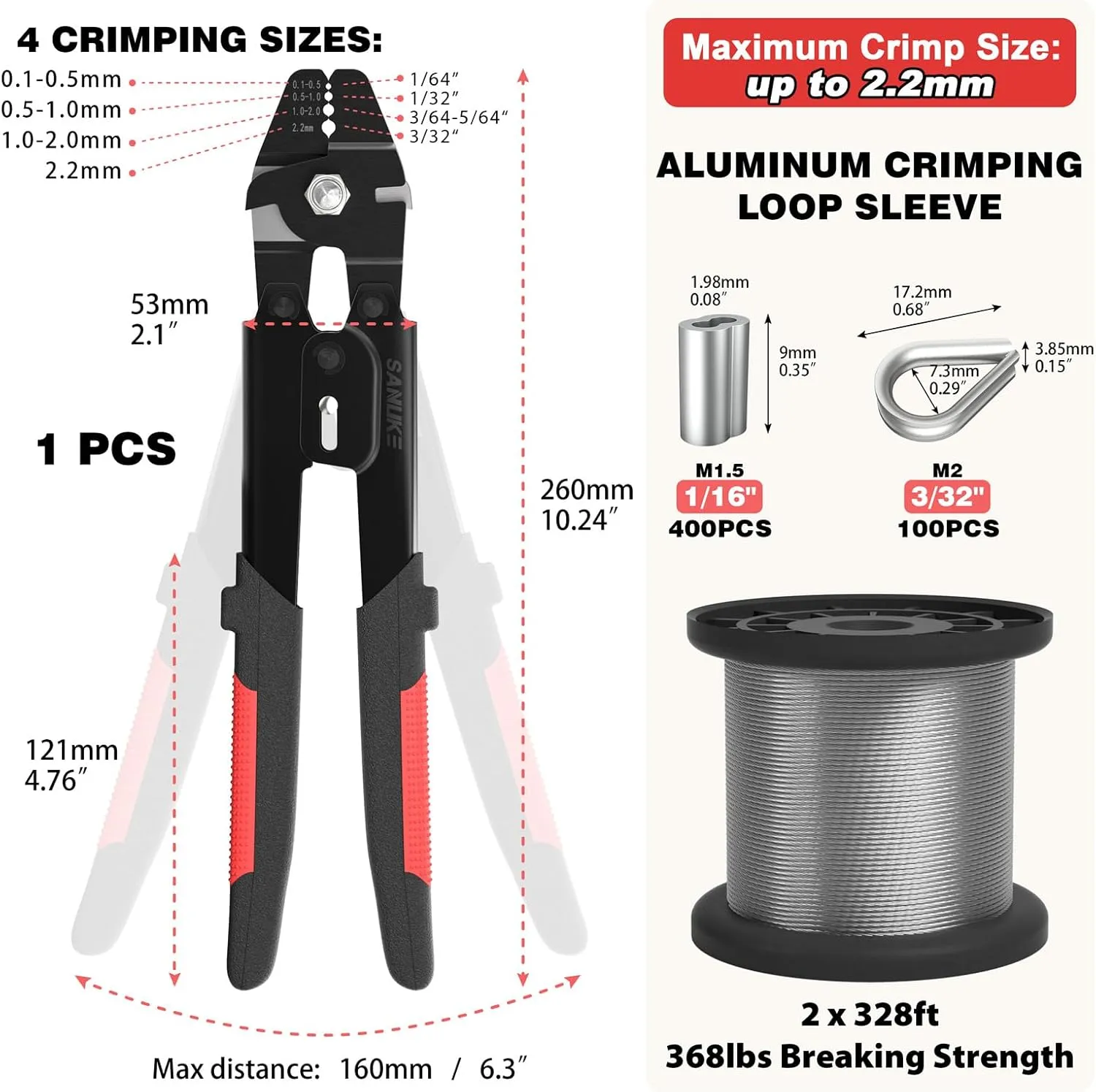 Sanuke Wire Rope Crimp Kit with 656ft 1/16 304 Stainless Steel Cable 7x7 Strand Core, 400PCS 1/16'' Aluminum Crimp Loop Sleeves and 100PCS M2 Wire Rope Stainless Steel Thimble