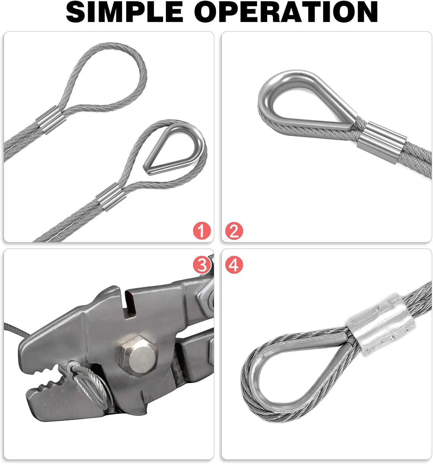 Sanuke Wire Rope Crimp Kit with 656ft 1/16 304 Stainless Steel Cable 7x7 Strand Core, 400PCS 1/16'' Aluminum Crimp Loop Sleeves and 100PCS M2 Wire Rope Stainless Steel Thimble