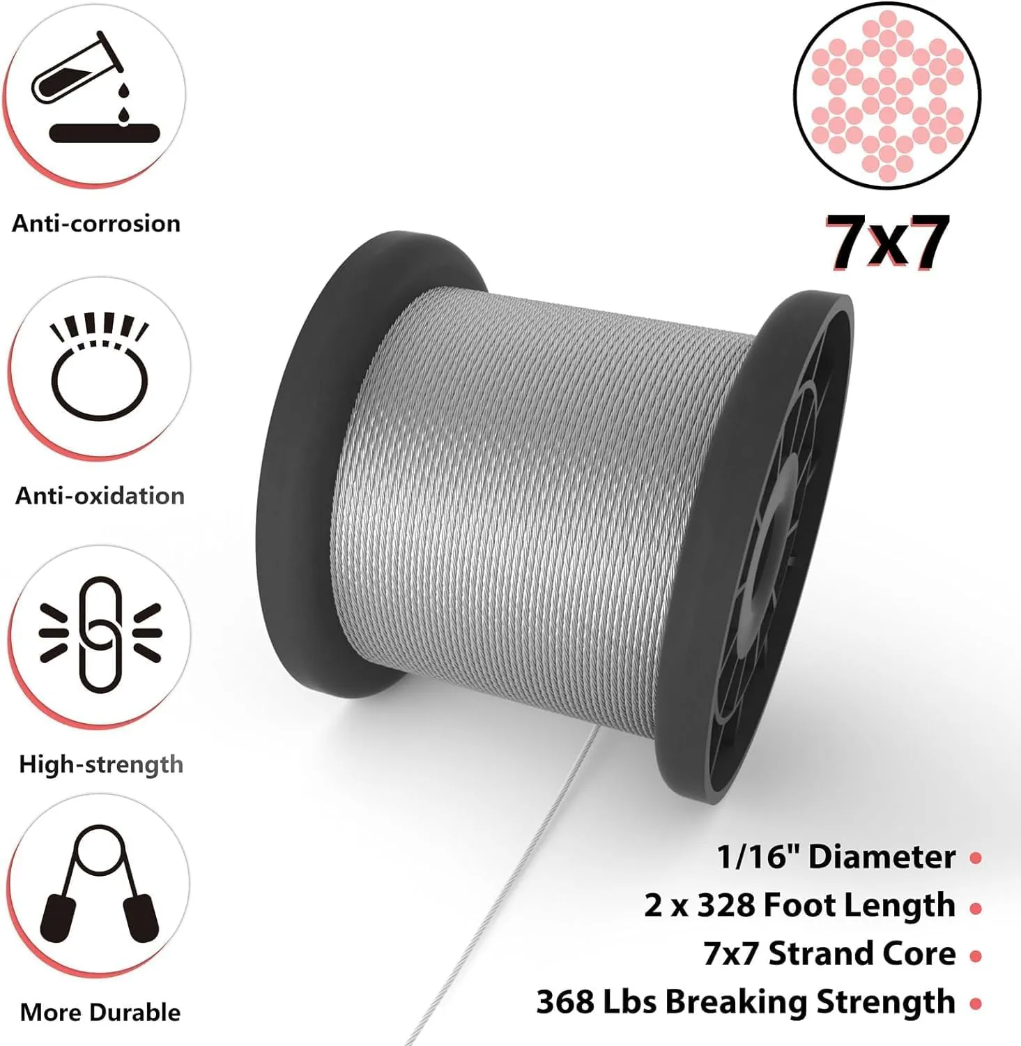 Sanuke Wire Rope Crimp Kit with 656ft 1/16 304 Stainless Steel Cable 7x7 Strand Core, 400PCS 1/16'' Aluminum Crimp Loop Sleeves and 100PCS M2 Wire Rope Stainless Steel Thimble