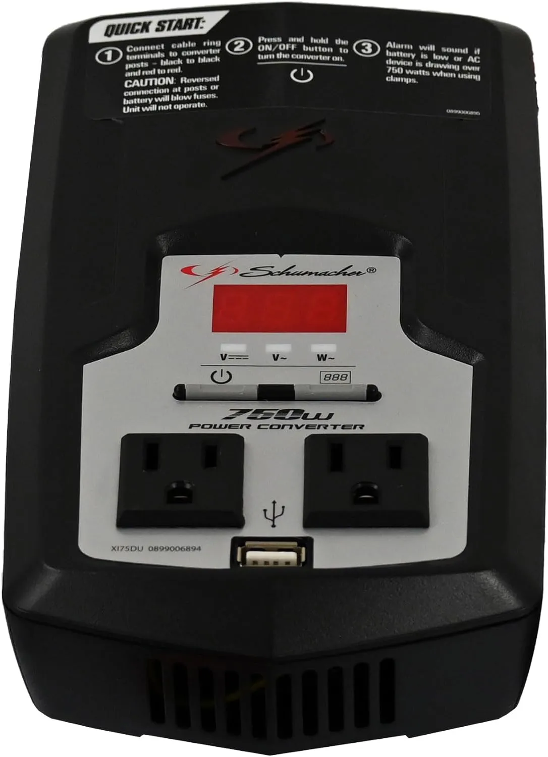 Schumacher XI75DU 750W Digital Power Converter with Battery Clamps and 12V Adapter Plug