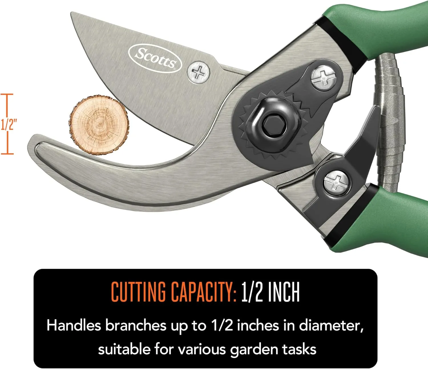 Scotts 8 in. Bypass Pruning Shears – 1/2 in. Cutting Capacity; Gardening Hand Pruner with Sharp Carbon Steel Blade and Non-Slip Grip – Lightweight Garden Tool for Live Plants and Soft Stems