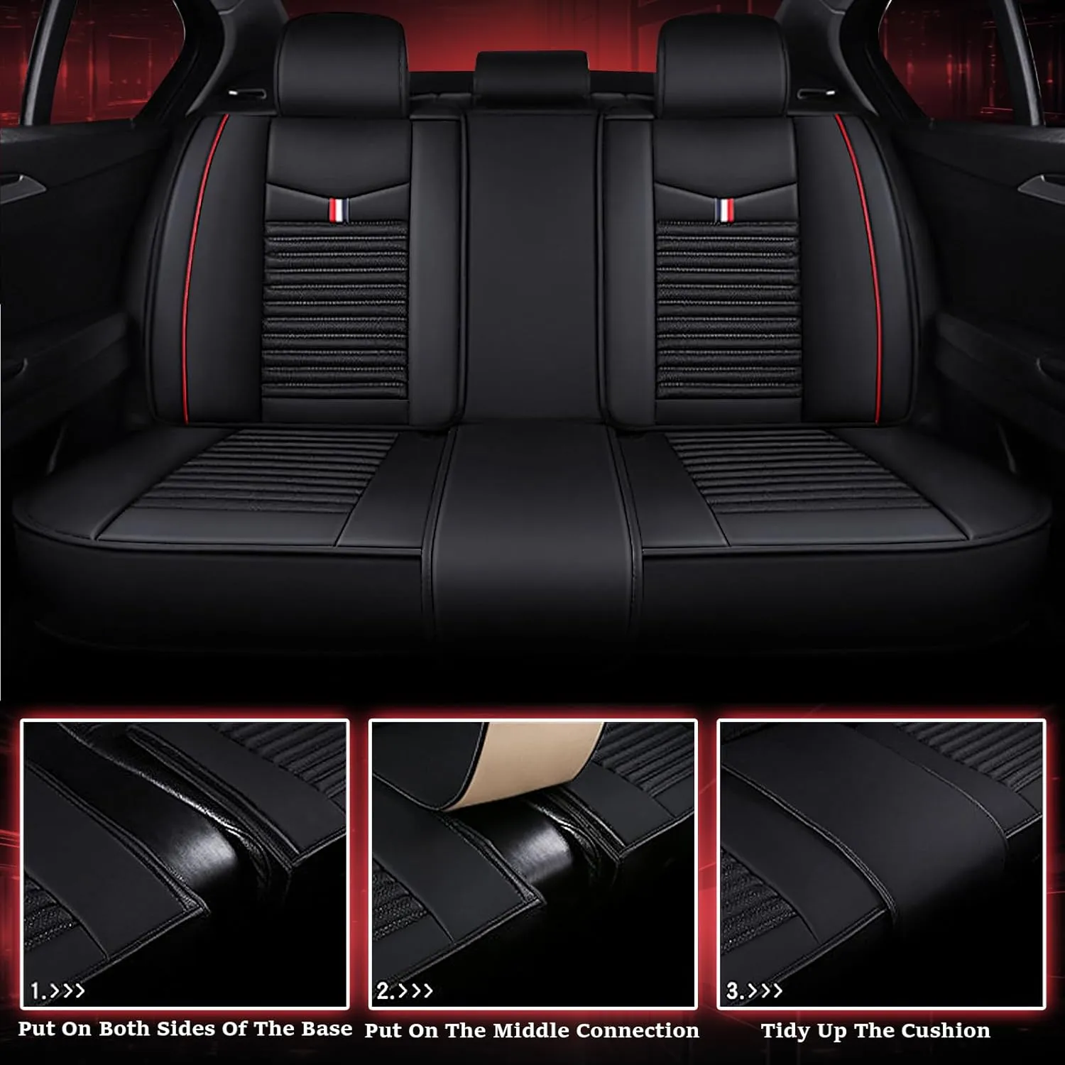 Seat Covers Fit for Nissan Kicks 2018-2024,5 Seats Custom Fit Leather Cover Protector Cushion,Automotive Vehicle Auto Interior Covers(Black Red Bars,Premium Full Set with Pillow)