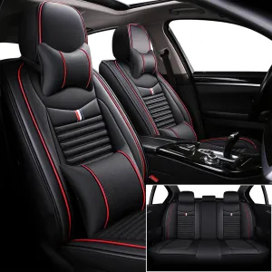 Seat Covers Fit for Nissan Kicks 2018-2024,5 Seats Custom Fit Leather Cover Protector Cushion,Automotive Vehicle Auto Interior Covers(Black Red Bars,Premium Full Set with Pillow)