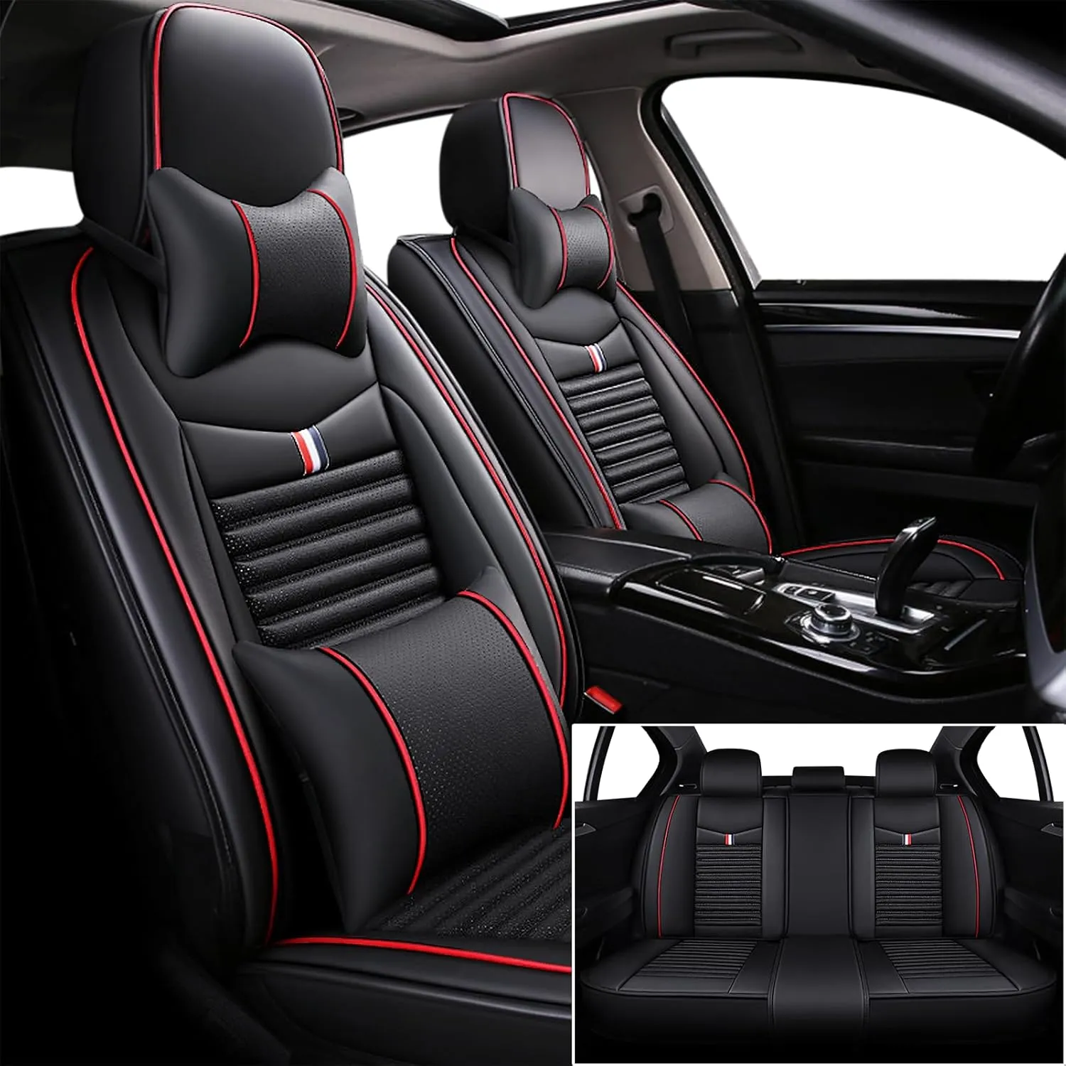 Seat Covers Fit for Nissan Kicks 2018-2024,5 Seats Custom Fit Leather Cover Protector Cushion,Automotive Vehicle Auto Interior Covers(Black Red Bars,Premium Full Set with Pillow)