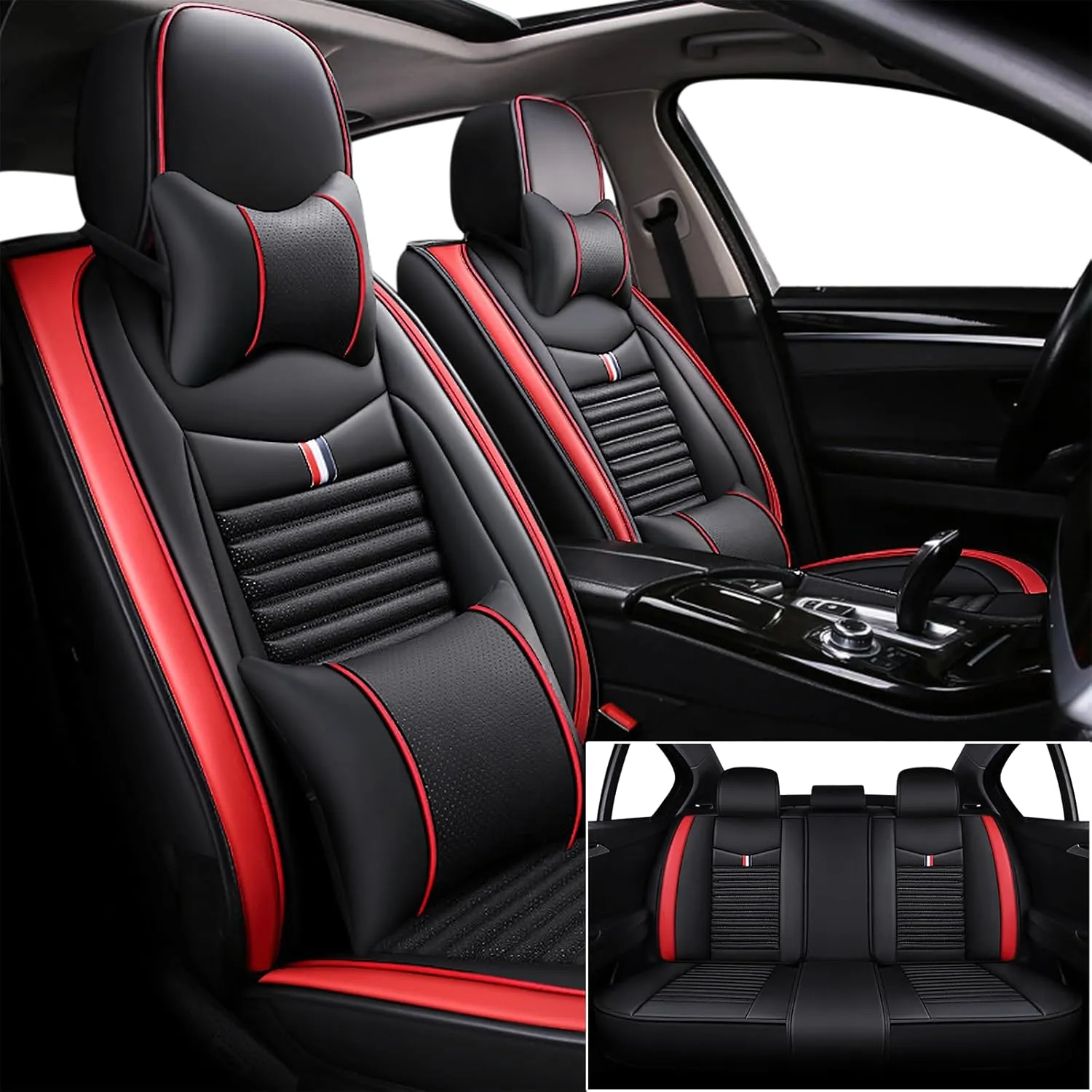 Seat Covers Fit for Nissan Kicks 2018-2024,5 Seats Custom Fit Leather Cover Protector Cushion,Automotive Vehicle Auto Interior Covers(Black Red,Premium Full Set with Pillow)