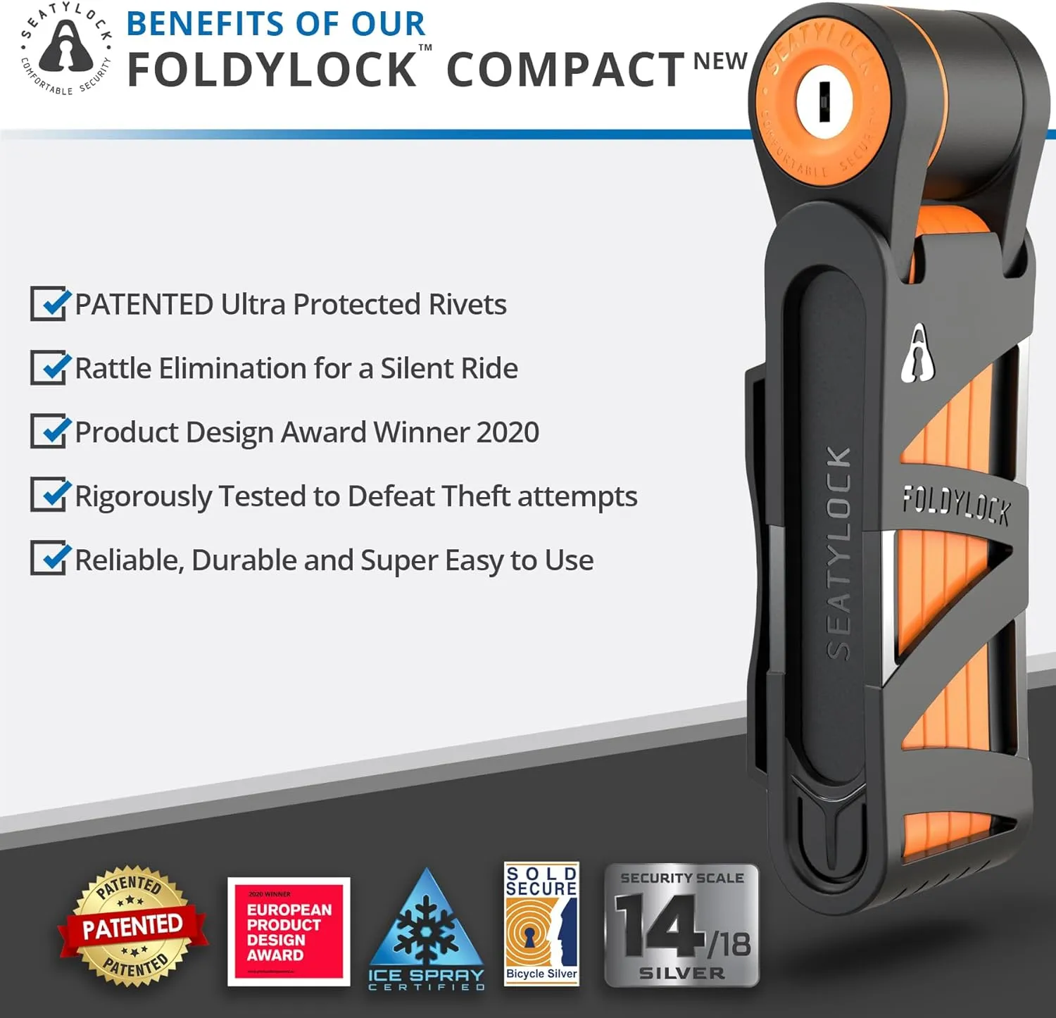 Seatylock FoldyLock Compact Folding Bike Lock - Award Winning Patented Lightweight High Security Bicycle Lock - Heavy Duty Anti Theft Smart Secure Guard with Keys & Case for Bikes or Scooters