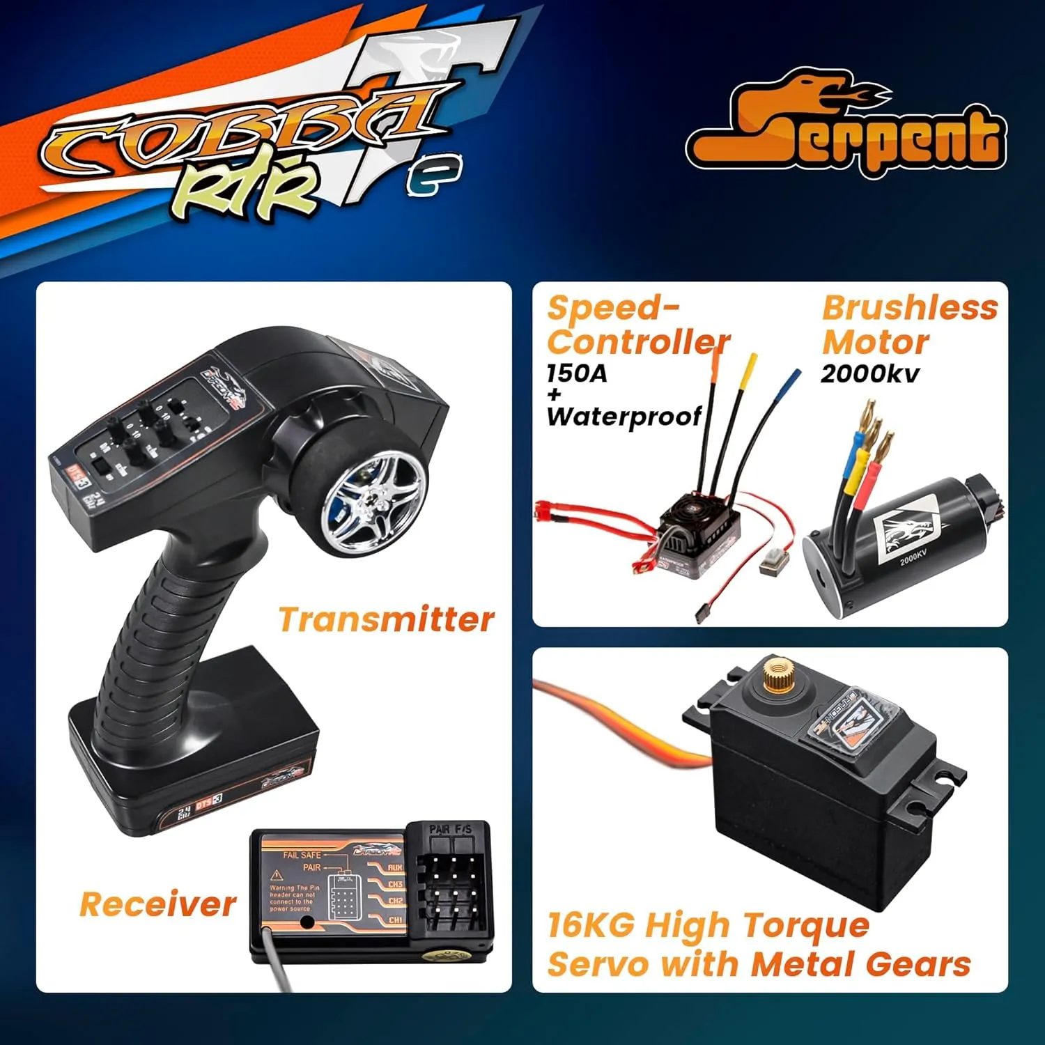 Serpent 1/8 Off-Road Truggy-e RTR, High Speed, Long Life, High-Performance Electric Truggy Kit, Battery and Charger Excluded, Orange (Green)