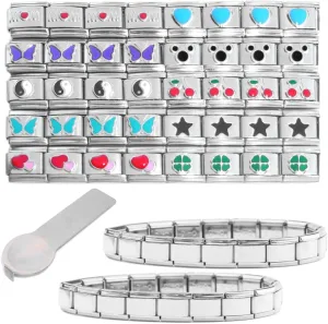 Set of 40 Italian Charms Plus Starter Bracelets and Charm Tool - Bulk Wholesale Set of 9mm Stainless Steel Links