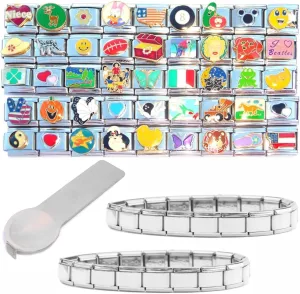 Set of 45 Enamel Italian Charms Plus Two Starter Bracelets and a Charm Tool - Designs Include Animals, Hearts, Sports, Books, and other 9mm Links
