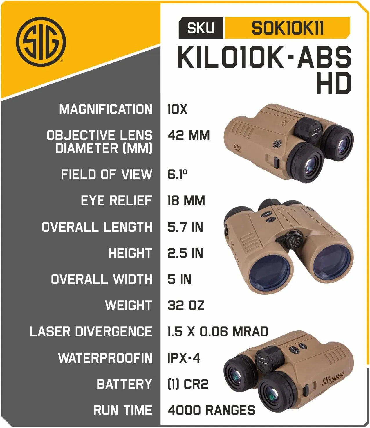 Sіg Sauer KILO10K-ABS HD 10x42 mm Laser Rangefinding Binocular with Sіg Free Hat Bundle