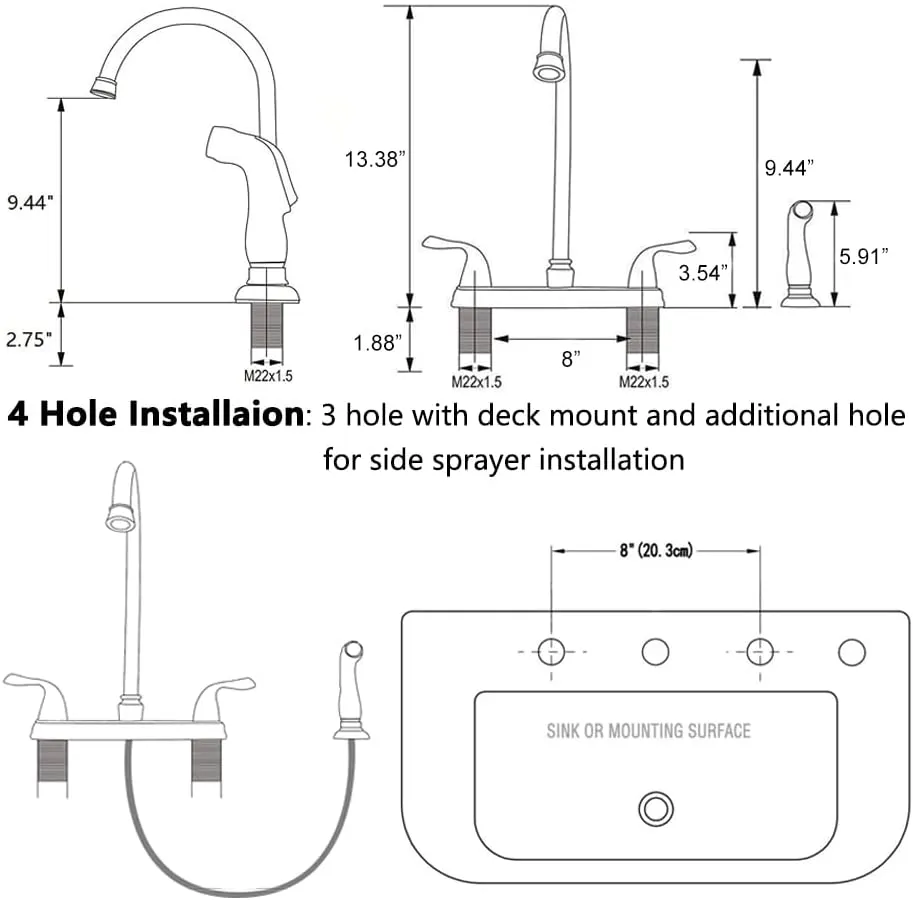 SHACO Kitchen Faucet with Side Sprayer, Stainless Steel 2 Handle Kitchen Sink Faucet with Water Supply Line, Brushed Nickel High Arch 360 Swivel Kitchen Faucet for Sink 3 Hole 4 Hole